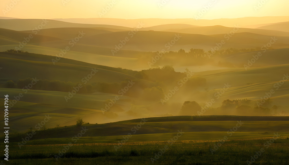 A peaceful countryside with rolling hills bathed in warm golden light during the evening, creating a serene atmosphere. A peaceful countryside with rolling hills bathed in warm golden light during the evening, creating a serene atmosphere.