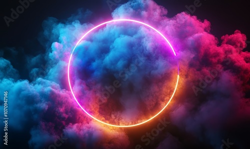 Neon round linear frame glows inside the colorful cloud, isolated on black background. Fantastic halo concept wallpaper