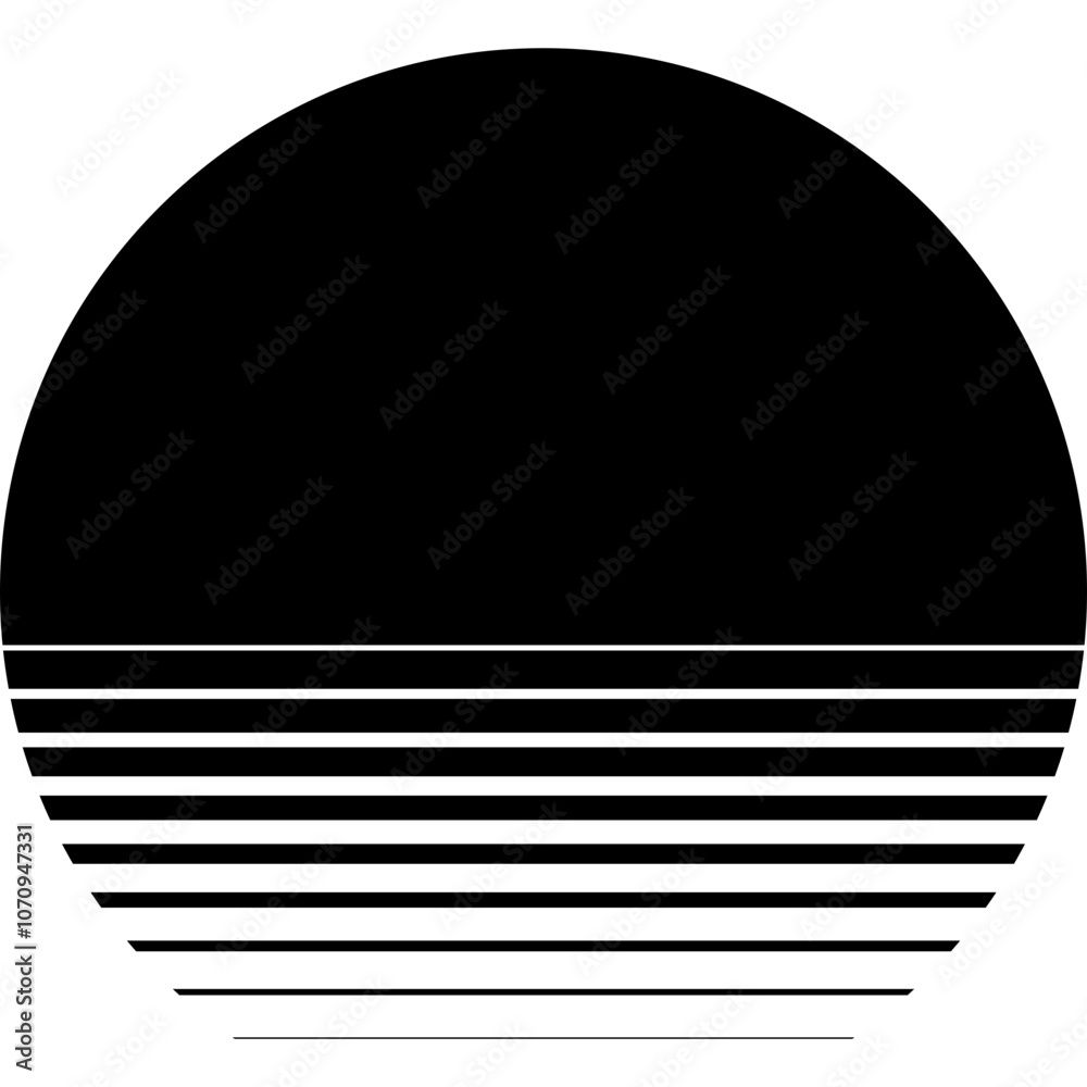 A minimalist sunset or sunrise design featuring a solid black semicircle above horizontal lines that gradually decrease in thickness towards the bottom, all contained within a circular border. A minimalist sunset or sunrise design featuring a solid black semicircle above horizontal lines that gradually decrease in thickness towards the bottom, all contained within a circular border.