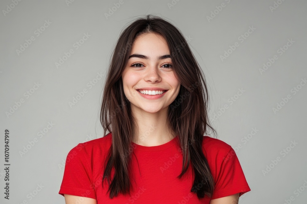 A happy woman wearing a bright red shirt and smiling directly at the camera A happy woman wearing a bright red shirt and smiling directly at the camera