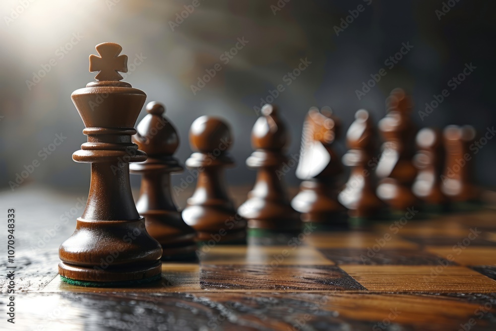Single chess pawn standing ahead of others, depicting leadership concept, strong contrast lighting