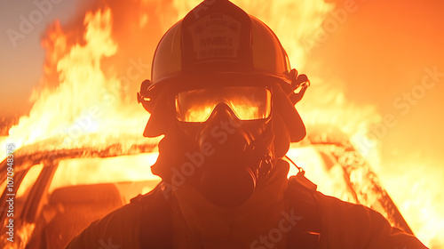 Firefighter in full gear, silhouetted against a blazing inferno.