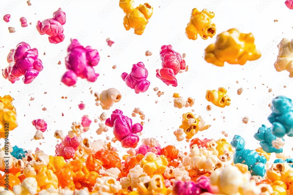 A bunch of popcorn is flying through the air, creating a fun and playful atmosphere A bunch of popcorn is flying through the air, creating a fun and playful atmosphere