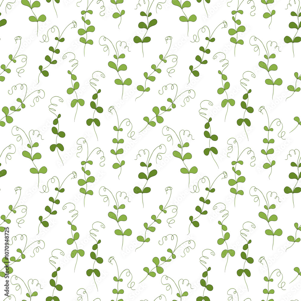 Micro green sprouts seamless pattern. Hand drawn pea shoots in doodle style, vector illustration on white background. Decorative for wrapping and packaging, organic plants Micro green sprouts seamless pattern. Hand drawn pea shoots in doodle style, vector illustration on white background. Decorative for wrapping and packaging, organic plants