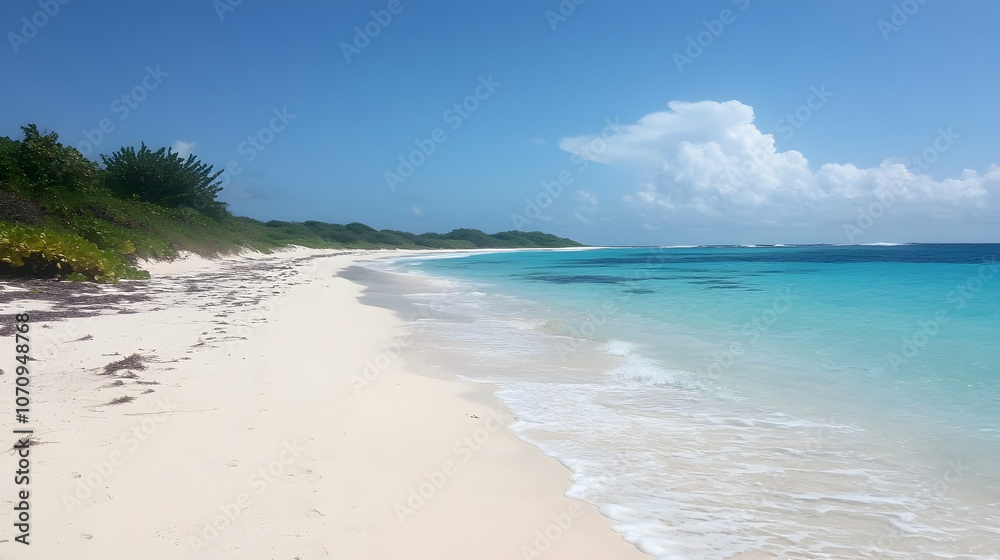 A pristine white sand beach with turquoise waters lapping at the shore, stretching out to a horizon of blue sky and fluffy clouds. A pristine white sand beach with turquoise waters lapping at the shore, stretching out to a horizon of blue sky and fluffy clouds.