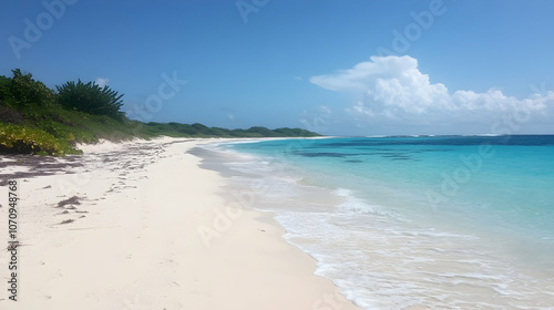 A pristine white sand beach with turquoise waters lapping at the shore, stretching out to a horizon of blue sky and fluffy clouds.