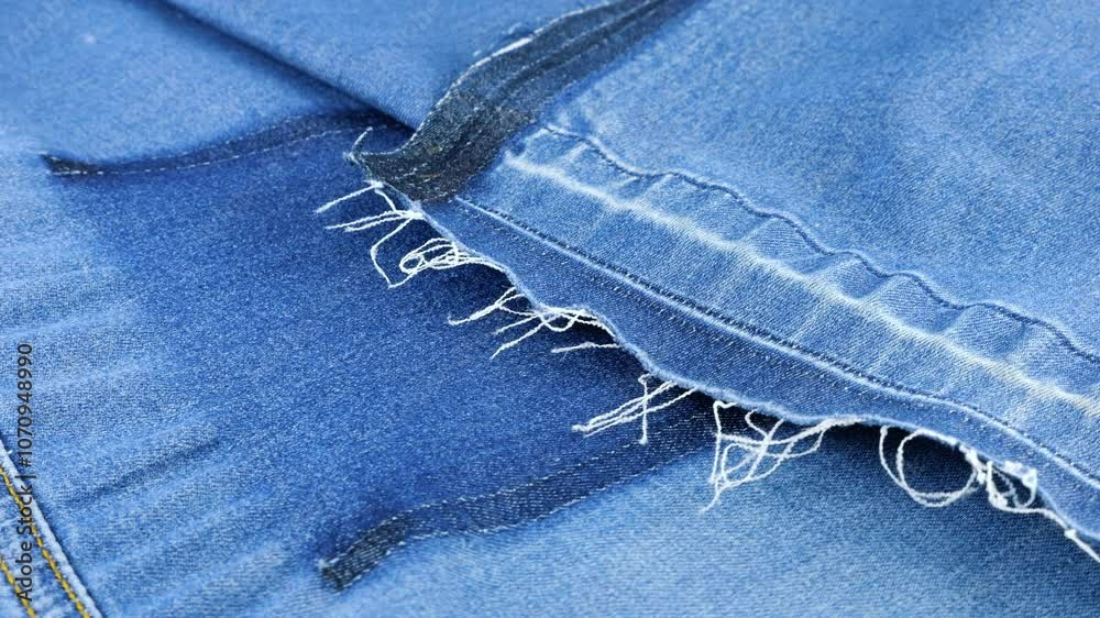 Flip Rotation Textiles Soft folds of bright light blue denim fabric rotate on the showcase ...