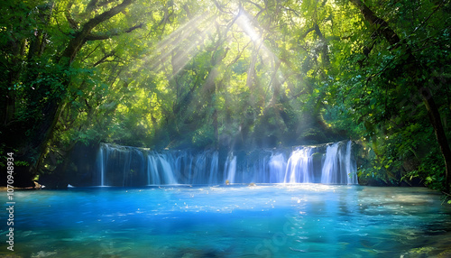 Romantic Scene of a Hidden Waterfall in a Lush Green Forest with Sunlight Streaming Through Trees