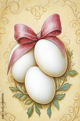 Delicate ribbon-tied eggs atop a floral background with an empty space for creative text or greetings during Easter celebrations