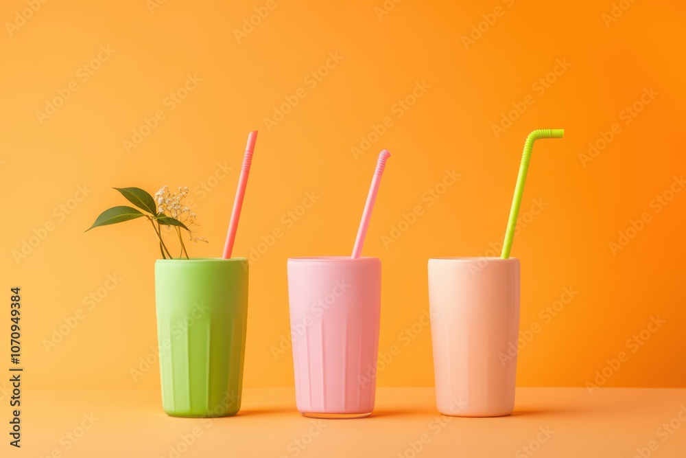 Colorful smoothies in varied glass shapes set against a vibrant orange background, perfect for a refreshing summer treat Colorful smoothies in varied glass shapes set against a vibrant orange background, perfect for a refreshing summer treat
