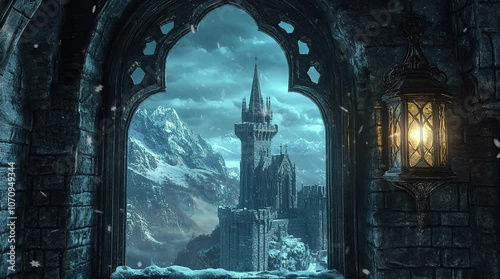 View from castle balcony overlooking majestic fantasy landscape with mountains and sunlight
Seamless looping 4k time-lapse virtual video animation Generated AI