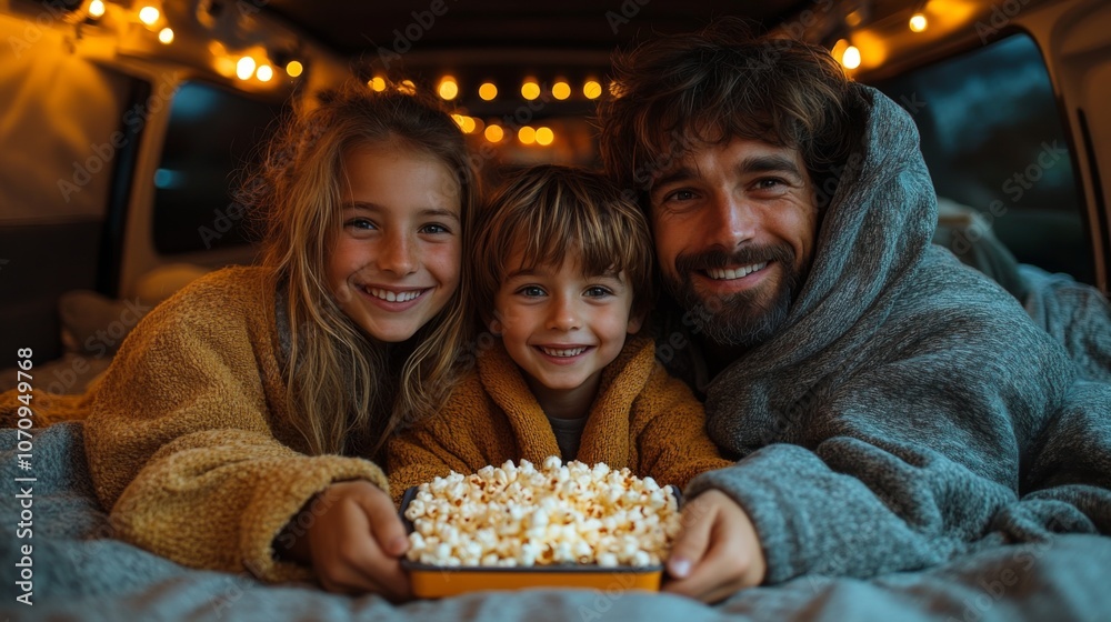 A family enjoys a cozy movie night inside a camper van, surrounded by soft glowing lights, while sharing popcorn and laughter together. A family enjoys a cozy movie night inside a camper van, surrounded by soft glowing lights, while sharing popcorn and laughter together.
