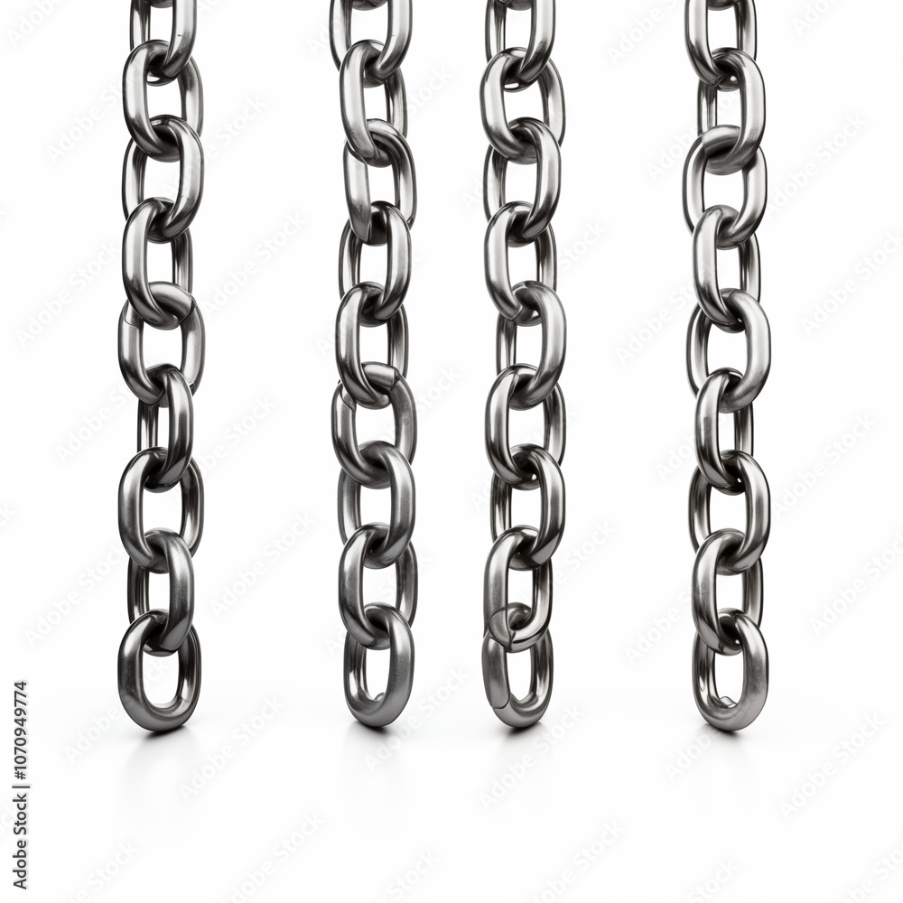 Fototapeta premium Four Metal Chains Hanging Isolated on White Background