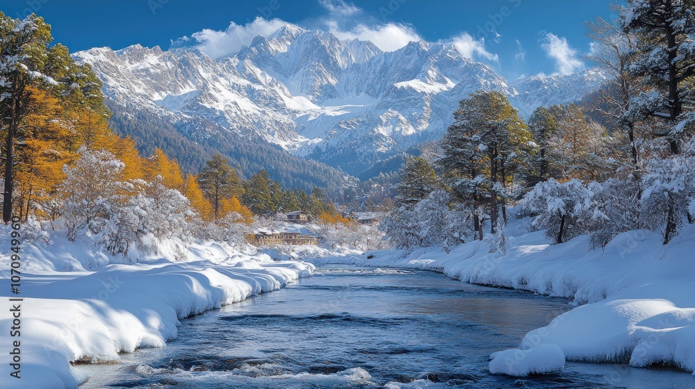 Fototapeta premium A winding river flows through a snow-covered valley with towering snow-capped mountains in the background. Autumn leaves still cling to the trees along the riverbank.