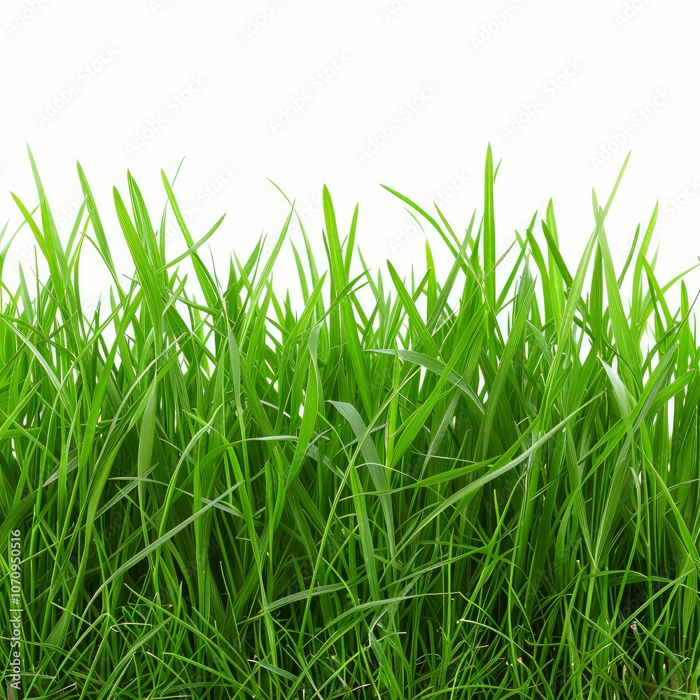 Vibrant green grass growing tall and healthy against a clean white background Vibrant green grass growing tall and healthy against a clean white background