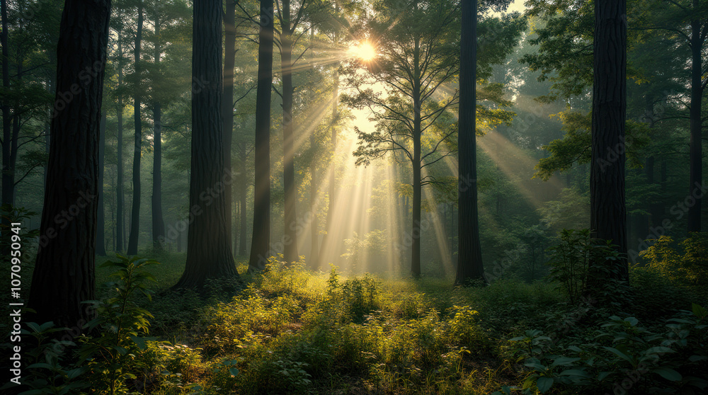 Obraz premium Sunlight filtering through trees in a tranquil forest during early morning