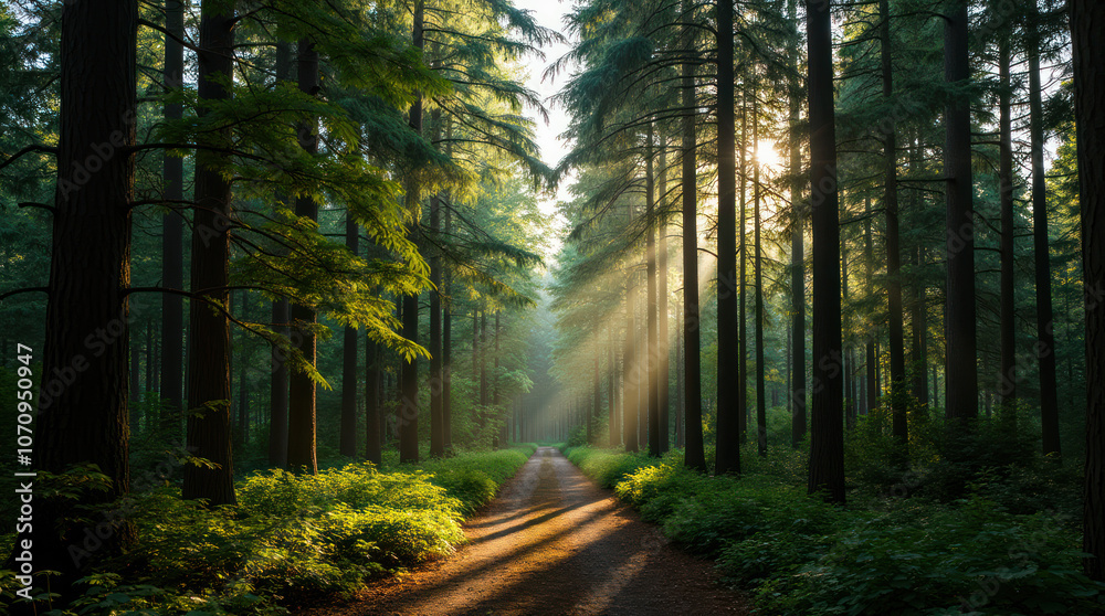 Fototapeta premium Sunlight streaming through trees in a serene forest pathway at dawn