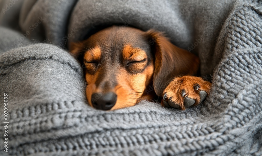 A dachshund puppy is sleeping cozily under a grey blanket, making it an excellent image for content related to pets, relaxation, or comfort A dachshund puppy is sleeping cozily under a grey blanket, making it an excellent image for content related to pets, relaxation, or comfort