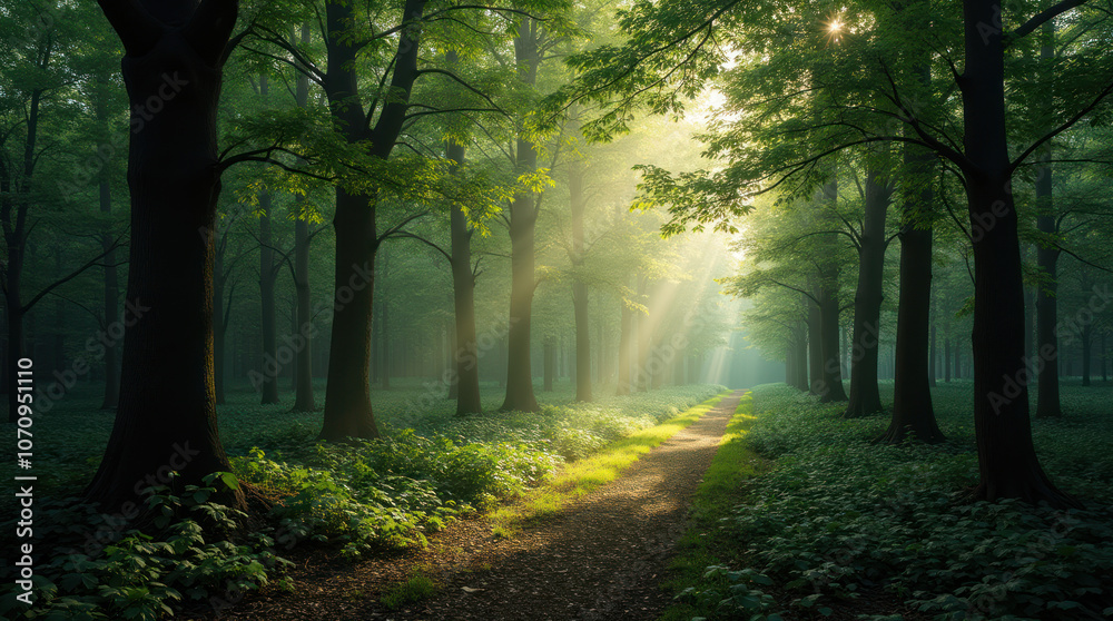 Fototapeta premium Sunlight filters through lush trees in a tranquil forest path at dawn