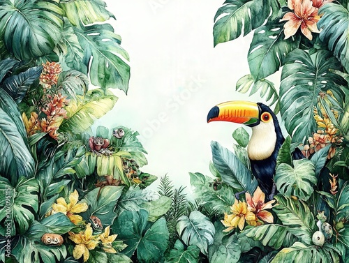 Colorful Toucan Bird in Lush Tropical Jungle with Vibrant Green Foliage and Flowers | Exotic Wildlife Illustration | Nature Wallpaper | Rainforest Experience photo