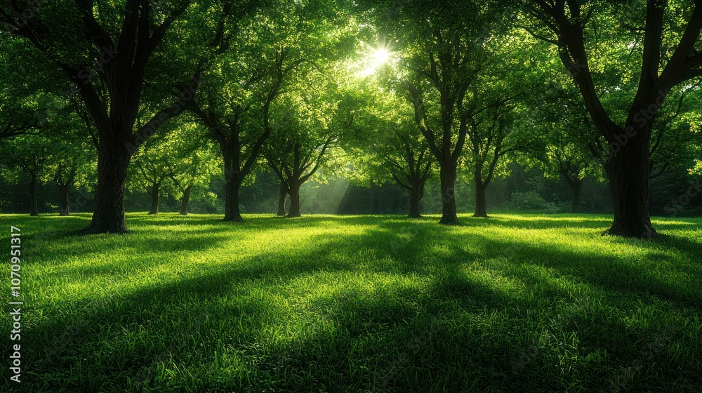 Sunlight shines through trees in a lush green forest. Sunlight shines through trees in a lush green forest.