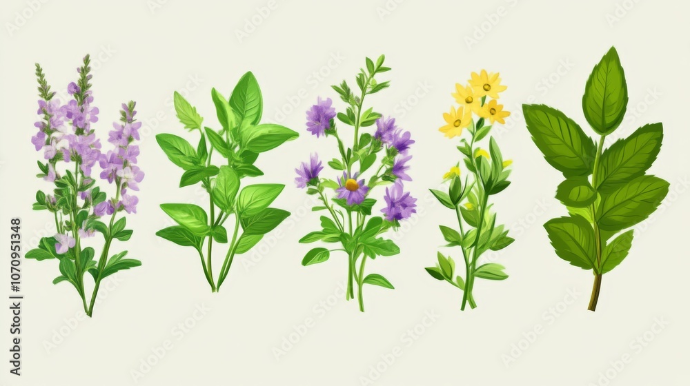 Vibrant Floral Illustration: A Bouquet of Purple, Yellow, and Green Flowers