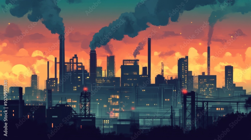 Industrial Cityscape at Sunset: A View of Factory Chimneys and Smog Industrial Cityscape at Sunset: A View of Factory Chimneys and Smog