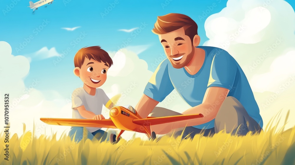 Obraz premium Father and Son Playing with Toy Airplane in a Field