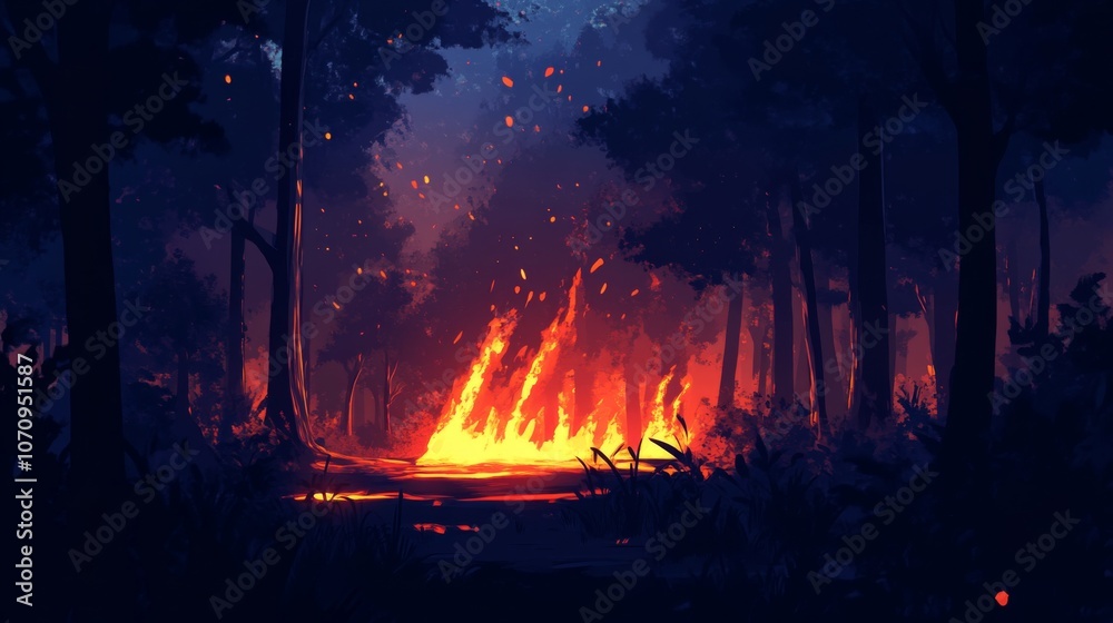 Fiery Forest Night: A Glowing Landscape Fiery Forest Night: A Glowing Landscape
