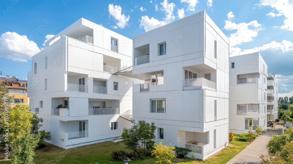 Modern white apartment buildings with balconies and landscaped surroundings. Modern white apartment buildings with balconies and landscaped surroundings.