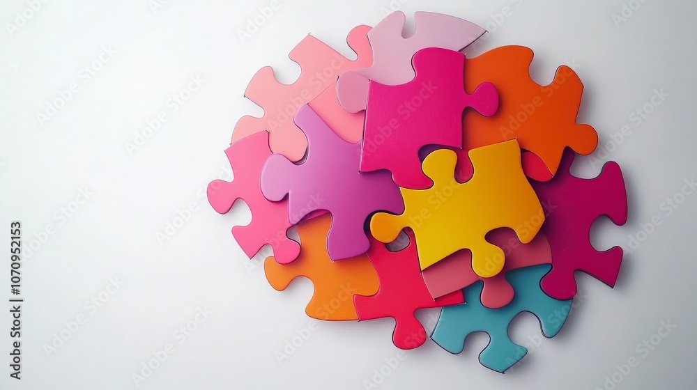 Colorful Jigsaw Puzzle Pieces on a White Surface in Abstract Artistic Composition