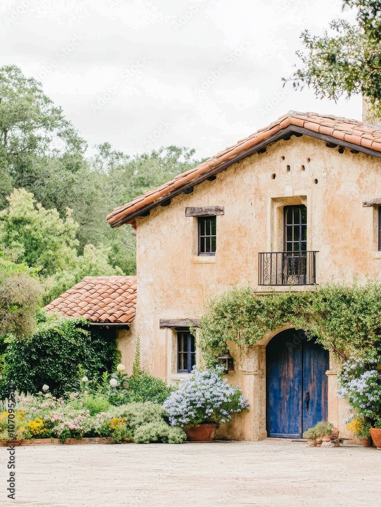A charming rustic villa surrounded by lush gardens and traditional Mediterranean elements A charming rustic villa surrounded by lush gardens and traditional Mediterranean elements