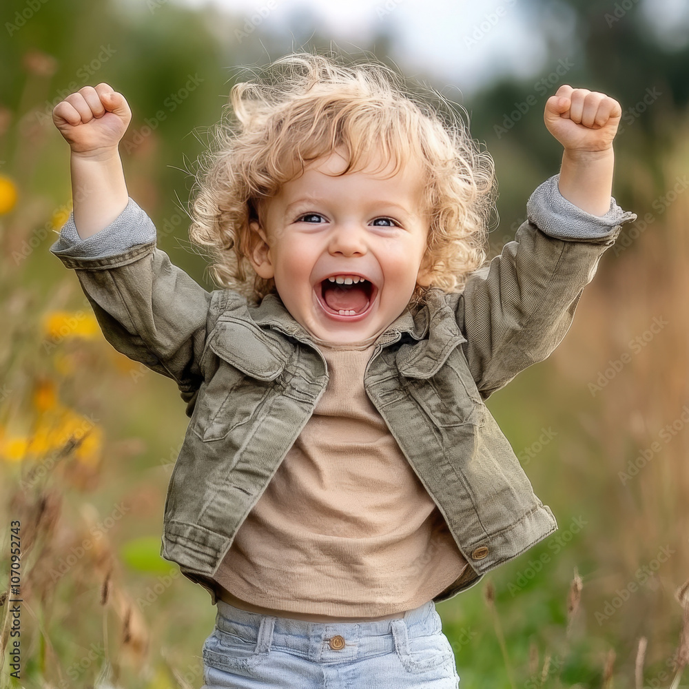 Energetic child with curly hair raising arms in excitement, enjoying a fun moment in a natural setting Energetic child with curly hair raising arms in excitement, enjoying a fun moment in a natural setting