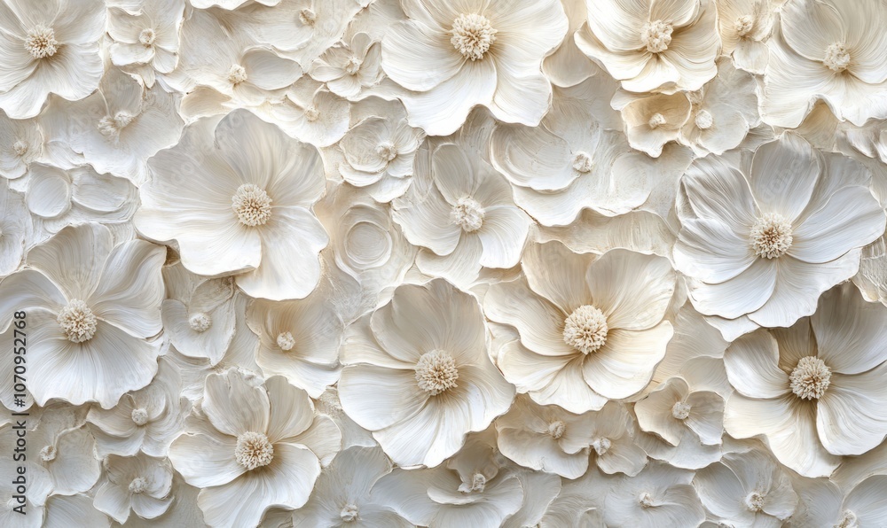 A close-up view of a collection of white flowers with layered petals, creating a textured and detailed pattern A close-up view of a collection of white flowers with layered petals, creating a textured and detailed pattern