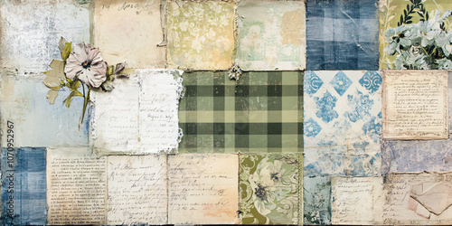 A junk journal page with distressed edges, featuring faded green and blue checkered patterns on the right side of each double-page spread