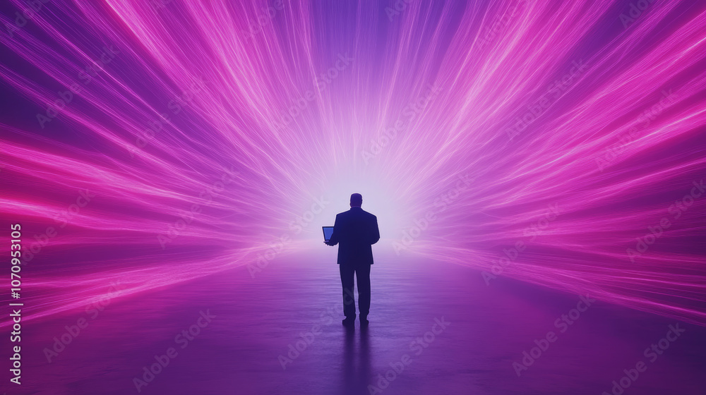 Silhouette of a man holding a laptop facing a bright purple light. Silhouette of a man holding a laptop facing a bright purple light.