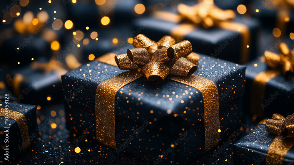 Black gift boxes with gold ribbons on festive background, Black Friday sale background Black gift boxes with gold ribbons on festive background, Black Friday sale background