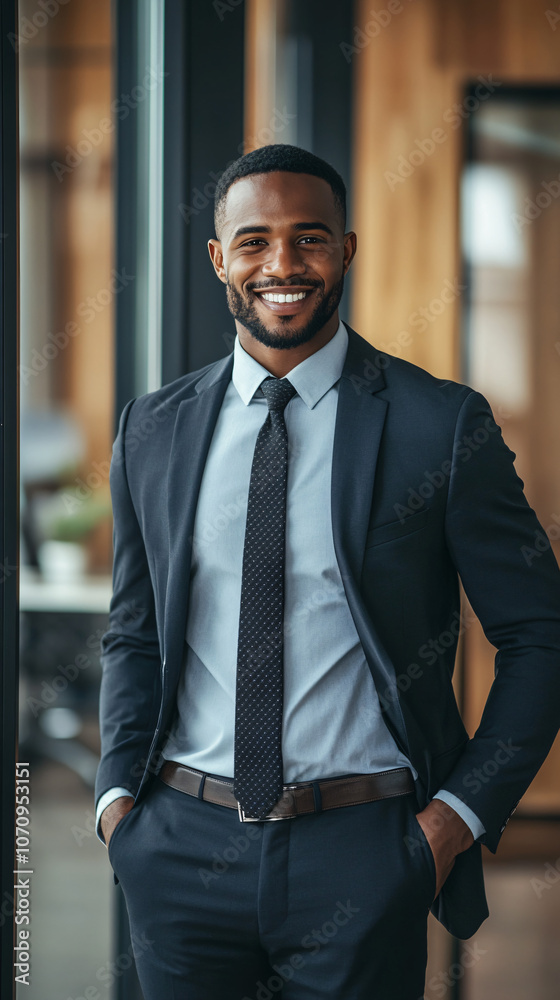 Young businessman is smiling with his hands in his pockets in a modern office building Young businessman is smiling with his hands in his pockets in a modern office building