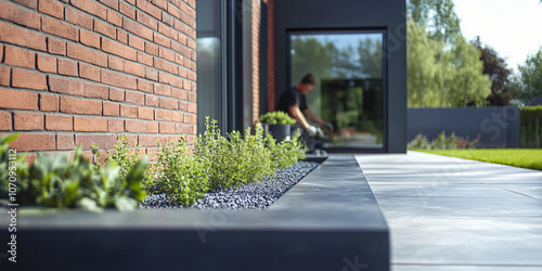 A modern, stylish concrete or brick low wall with sleek, clean lines, designed for a contemporary garden or residential space