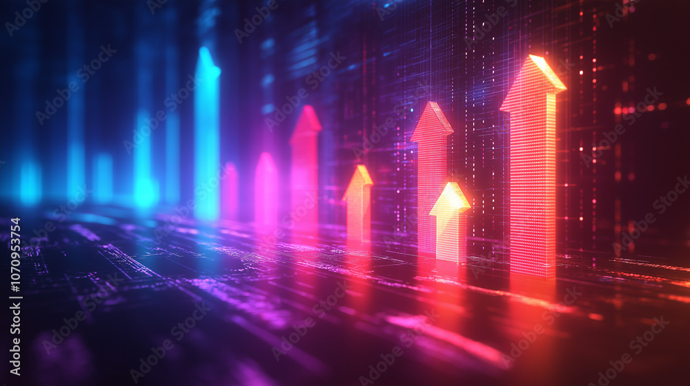 Colorful arrow chart with growth graph on vibrant gradient background. Concept of GDP growth with arrows pointing up