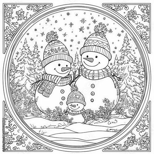 A snowman family enjoying t...