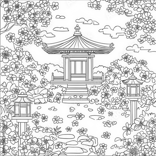 A summer festival with traditional games and lanterns, anime coloring page for kids, simple outline illustration. Coloring book, simple lines. photo