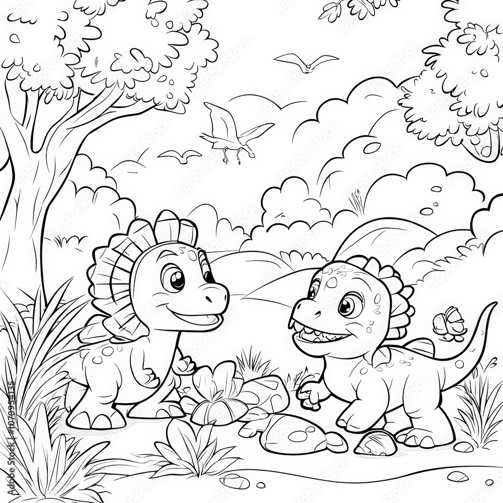 An adventure in a dinosaur park, coloring page for kids, simple outline illustration. Coloring book, simple lines. An adventure in a dinosaur park, coloring page for kids, simple outline illustration. Coloring book, simple lines.