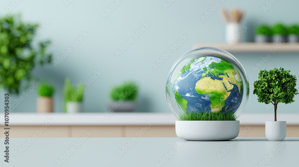 Earth in glass dome with clouds displayed in modern kitchen decor, Earth, glass dome, kitchen, modern, interior, home decoration Earth in glass dome with clouds displayed in modern kitchen decor, Earth, glass dome, kitchen, modern, interior, home decoration