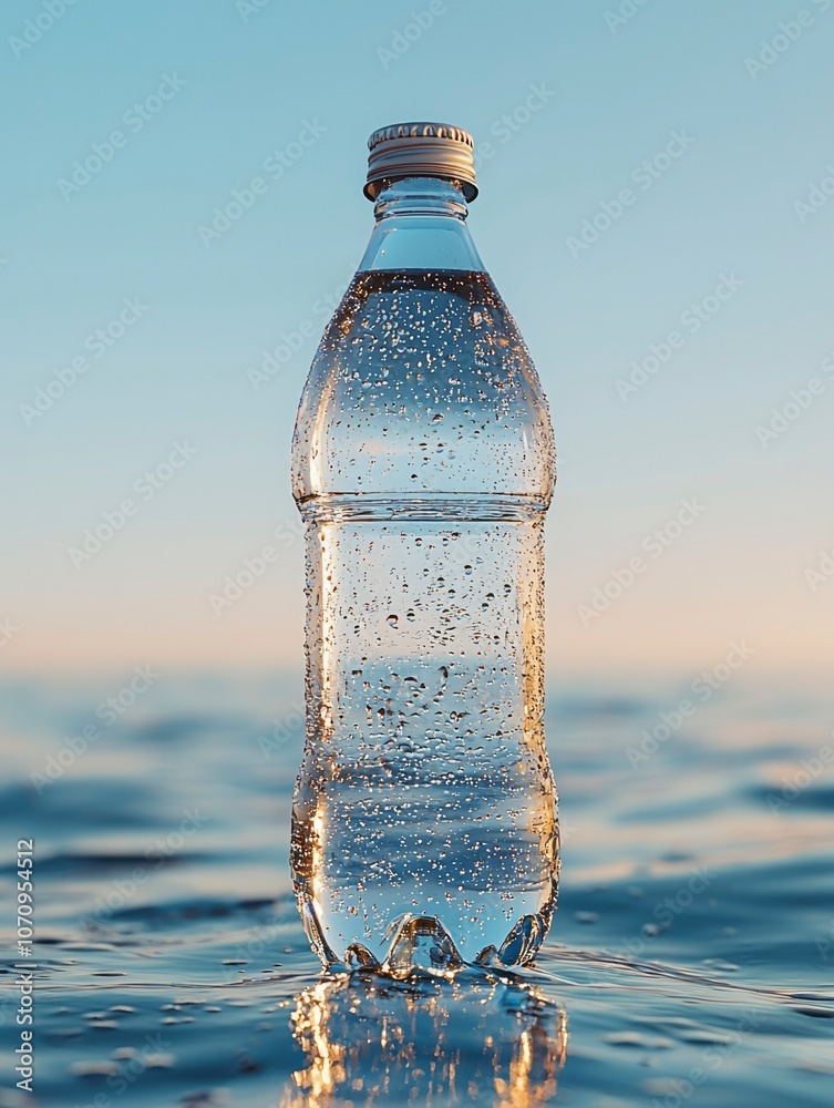A Single Water Bottle Floating in the Ocean at Sunset A Single Water Bottle Floating in the Ocean at Sunset