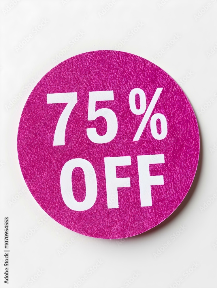 White '75% OFF' Text on a Magenta Round Paper Note. White Background White '75% OFF' Text on a Magenta Round Paper Note. White Background