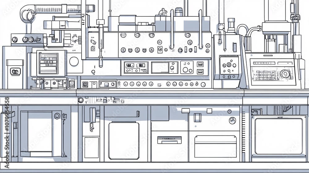 An outline of a packaging machine with a control panel and buttons An outline of a packaging machine with a control panel and buttons