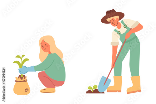 Man and woman gardeners, farmers. A woman plants a plant, a man digs