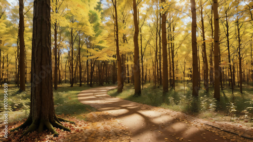 Waldweg im Herbst mit teilweise heruntergefallenen Blättern . KI Generated