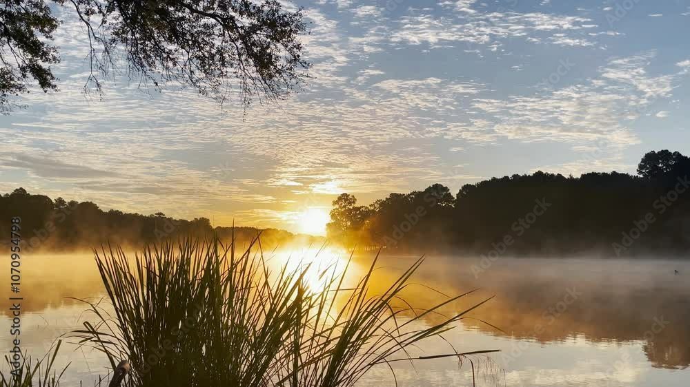 A majestic sunrise over a steamy lake in Texas.